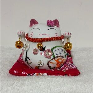 Ceramic Lucky Cat Figurine with Pink Accents